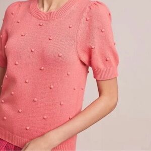ANTHROPOLOGIE BOBBLE SALMON PINK POM POM PUFF SLEEVE CREWNECK SWEATER SIZE LARGE